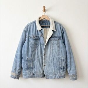 Wrangler Mens XXL Sherpa Lined Denim Trucker Jacket Distressed Blue Faded VTG 70